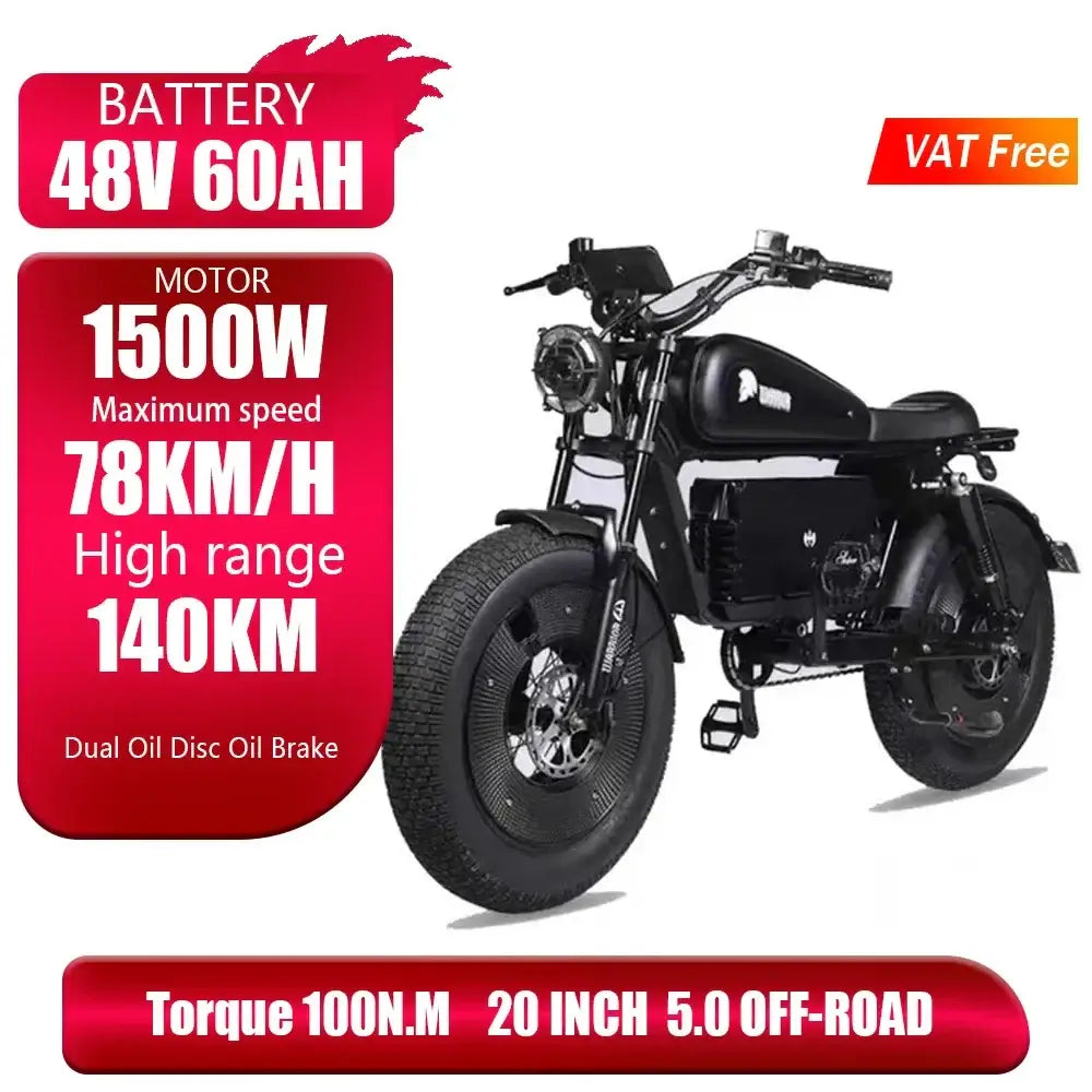 1500W ZPW Black Warrior Electric Mountain Bike with 48V 60AH battery and 20-inch fat tires.