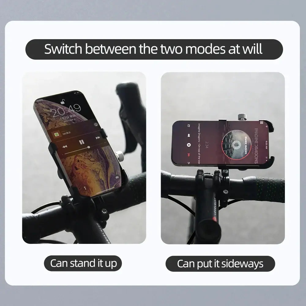 ThinkRider Anti-Vibration Bike Phone Stand showing two modes: upright and sideways for optimal device usability.