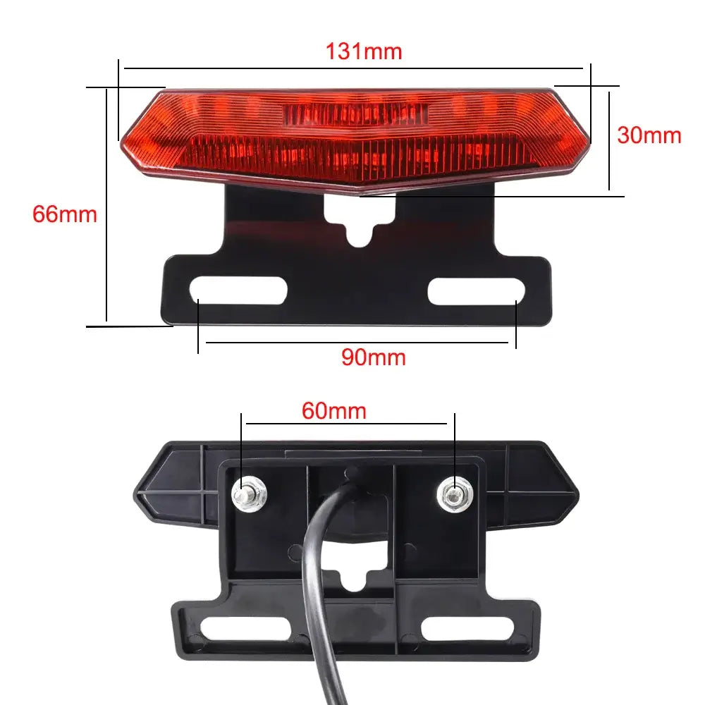 Ebike rear brake light with dimensions, enhancing visibility for safety during night rides.