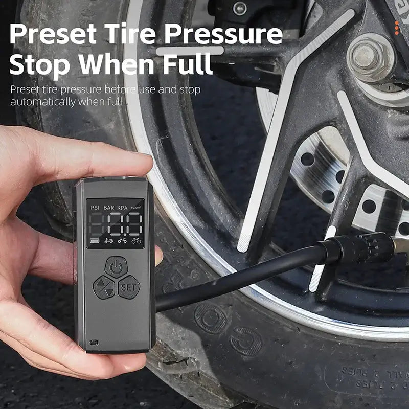 Mini electric bike pump with LCD display showing tire pressure during inflation, designed for automatic shut-off.