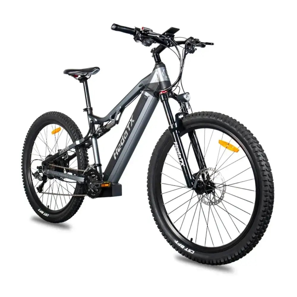 HEDATX19 1000W Electric Bike full suspension showcasing sleek design and robust tires for all-terrain riding.