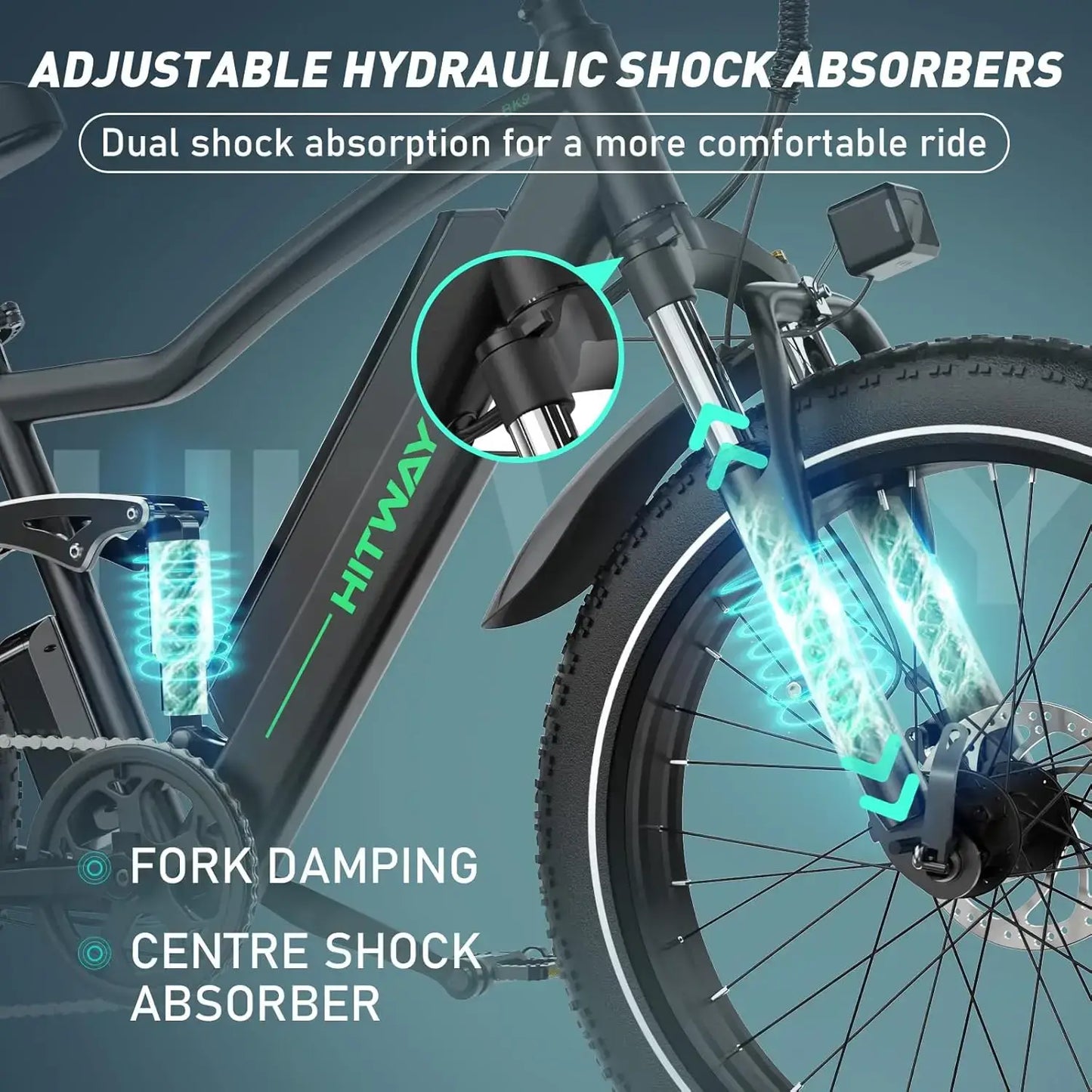 Close-up of HITWAY electric bike's adjustable hydraulic shock absorbers for enhanced ride comfort.