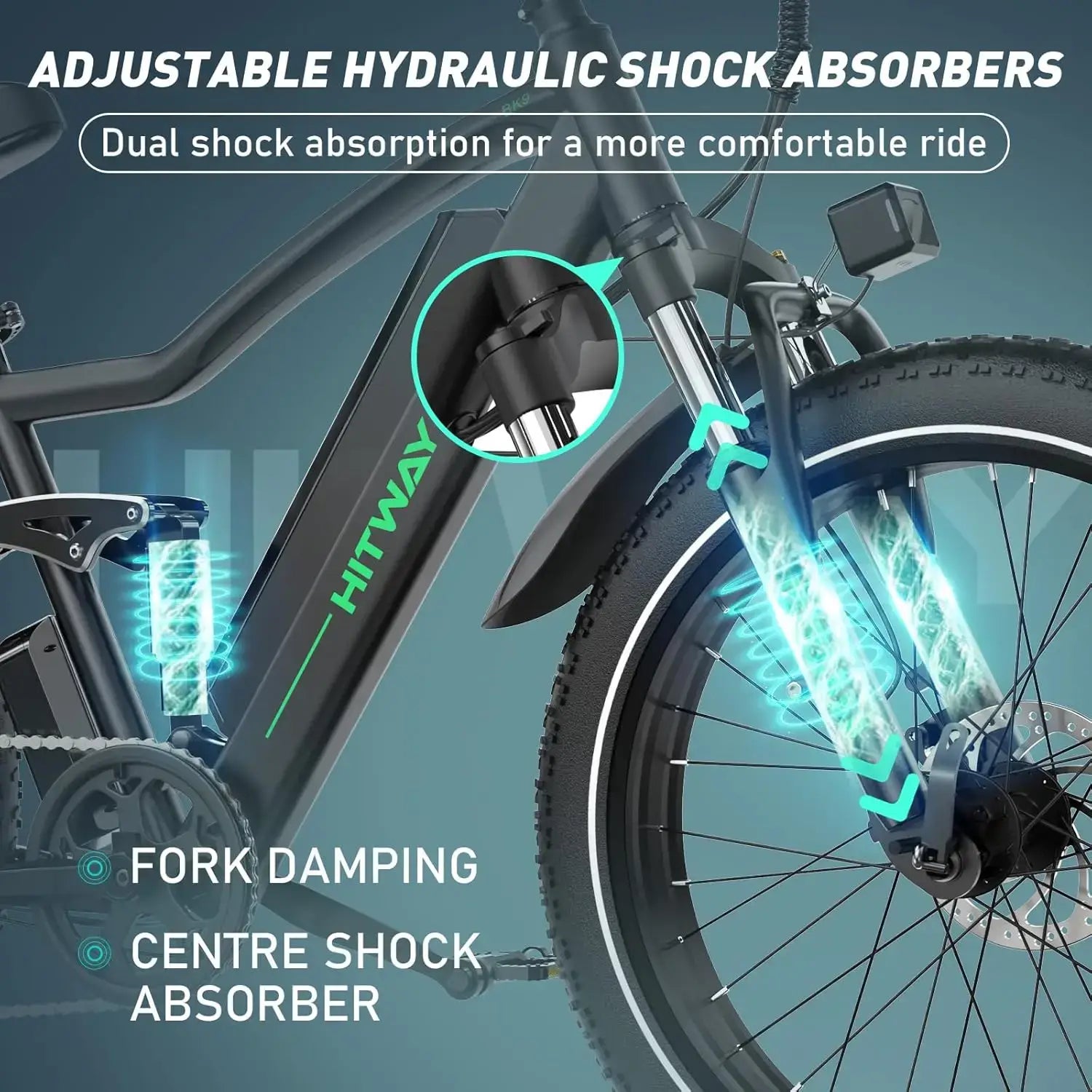Close-up of HITWAY electric bike's adjustable hydraulic shock absorbers for enhanced ride comfort.