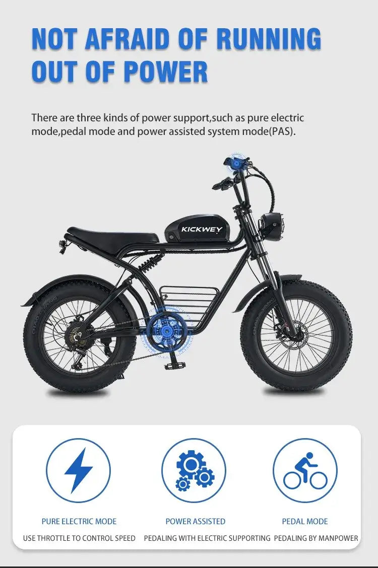 Kickkey electric bike showcasing three power modes: pure electric, power assisted, and pedal mode for versatile riding support.
