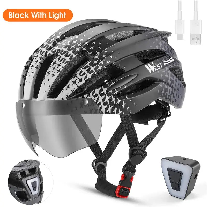 Black WEST BIKING lightweight MTB cycling helmet with LED light and visor for safety and style.