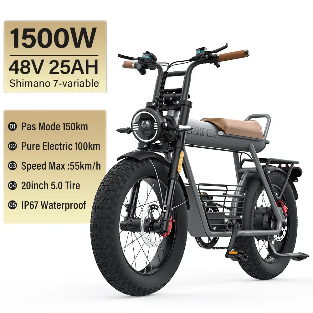 Coswheel Electric Bike CT20S 2000W with 1500W motor and 20-inch tires for versatile outdoor riding