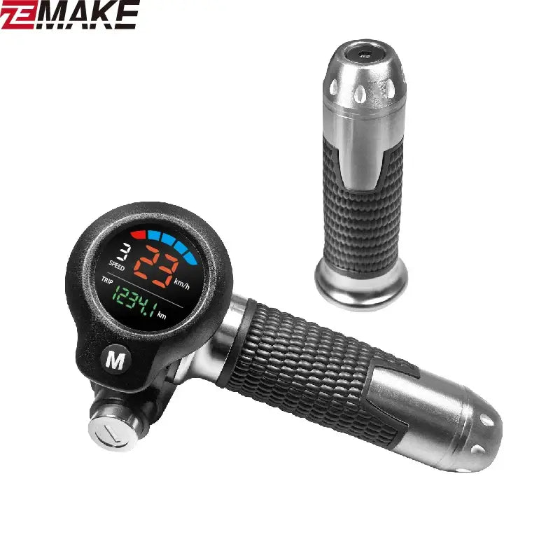 Ebike throttle digital monitor for scooters displaying speed and voltage with ergonomic grip design.