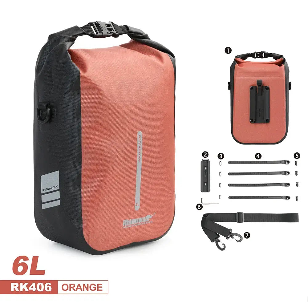 Rhinowalk 6L waterproof bike bag in orange with quick release features and accessories for cyclists.