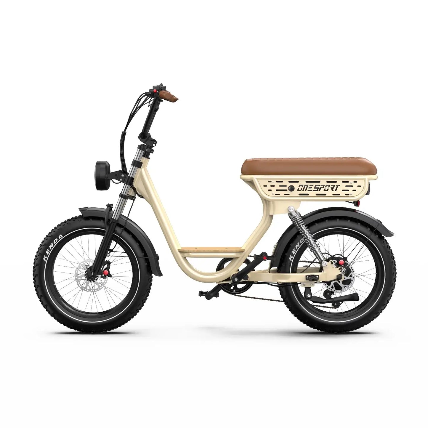 ONESPORT W77 500W Urban E-Bike - 20" Tires electric bike with cream frame and brown seat.