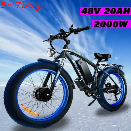 2000W electric bike with 48V 20Ah battery and fat tires, ideal for beach and mountain riding.