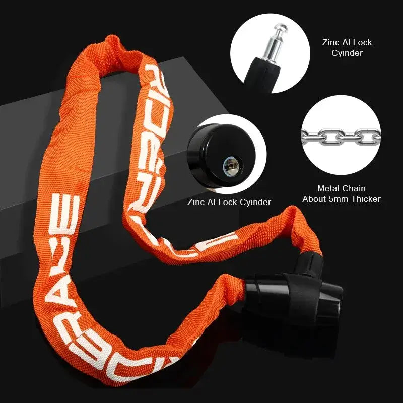RIDERACE High Security Bicycle Chain Lock featuring a zinc alloy lock and thick metal chain for optimal bike protection.