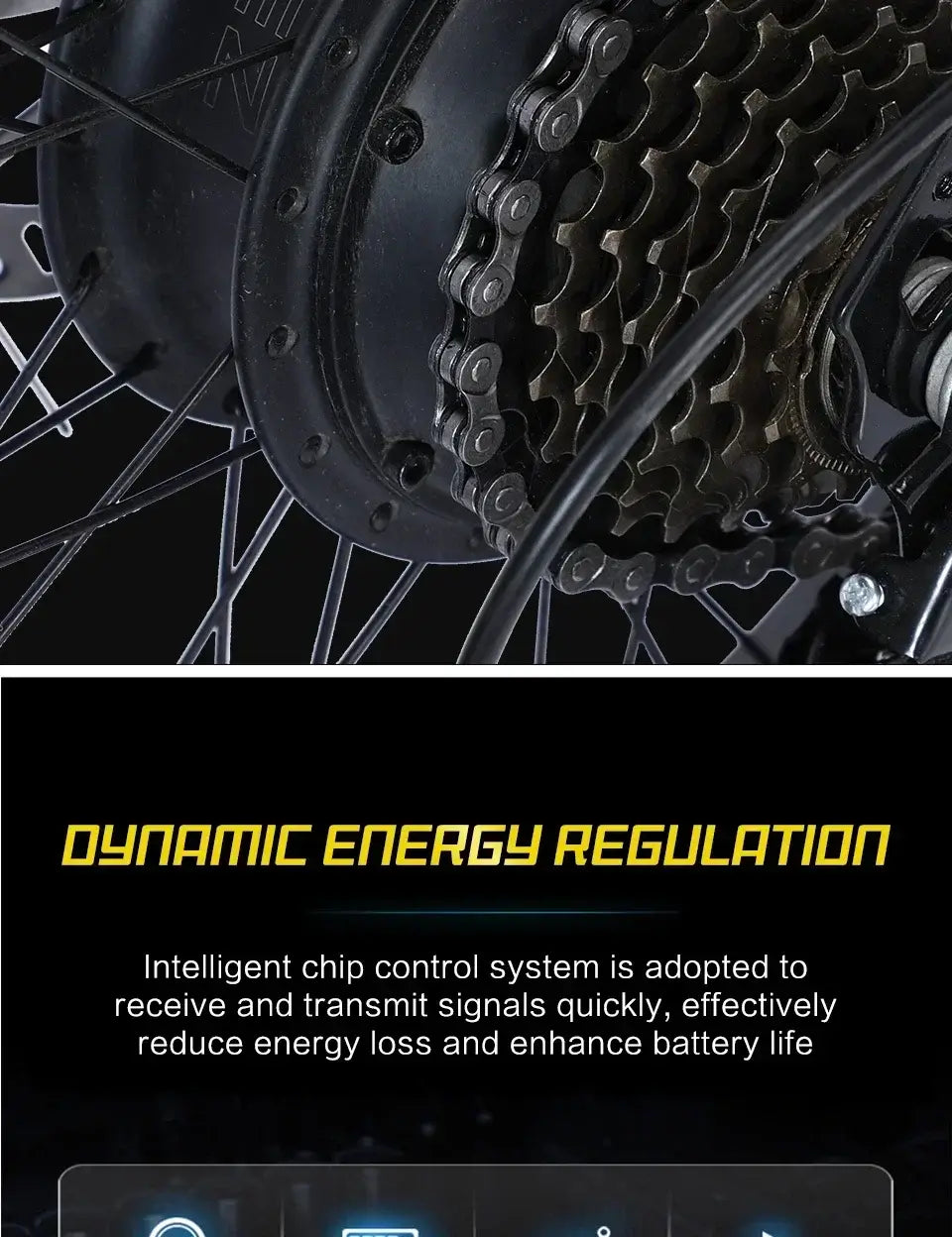 Close-up of AKEZ mountain bike gear system showcasing dynamic energy regulation for enhanced battery life.