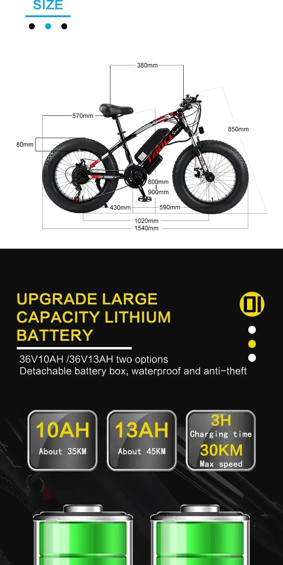 Dimensions and battery options for AKEZ 350W Fat Tire Electric Mountain Bike with 36V lithium battery system.