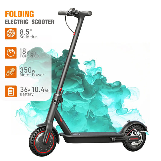 350W foldable electric scooter with 8.5" solid tires, 18 mph top speed, and 36V battery for adults and teens.