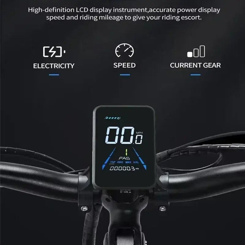 High-definition LCD display on the 2000W H20 Pro Folding Electric Mountain Bike, showing speed, battery, and gear information.