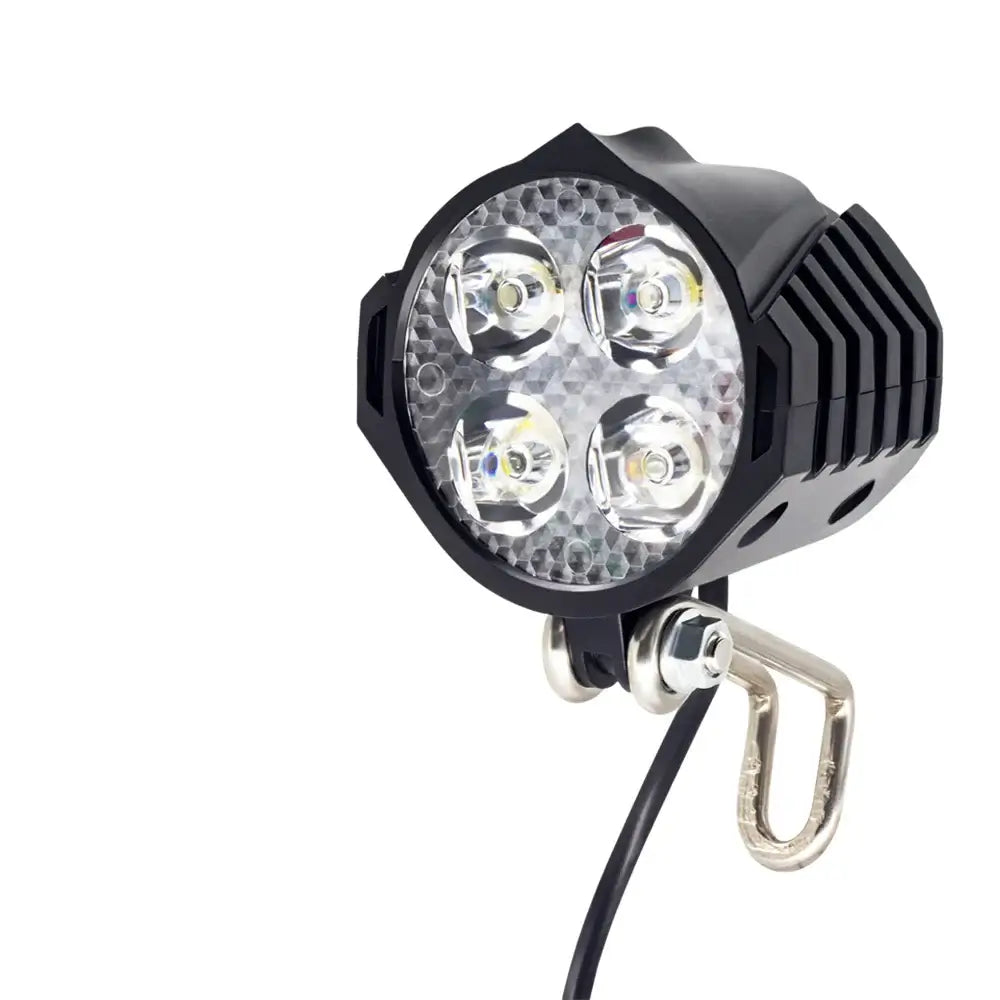 Close-up of a powerful multi-LED headlight for Ebike Signal and Light Set, designed for enhanced visibility and safety.