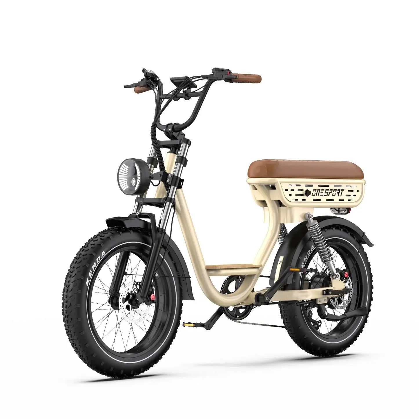 ONESPORT W77 500W Urban E-Bike - 20" Tires in cream color with a brown seat and fat tires.