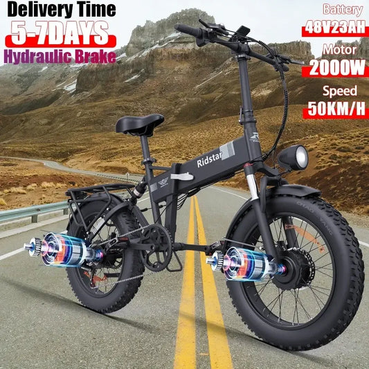 New Ridstar electric bike with 2000W motor, 48V 23AH battery, and hydraulic brakes on a mountain road.