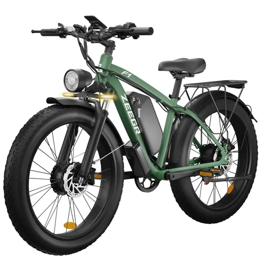 F1 electric bicycle with dual motors, 48V battery, 26-inch off-road tires, and hydraulic brakes in green color.