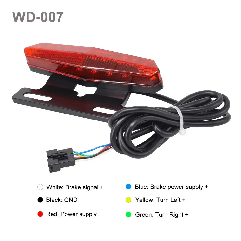 Ebike brake light with wiring connections and color codes for turn signals and power supply.