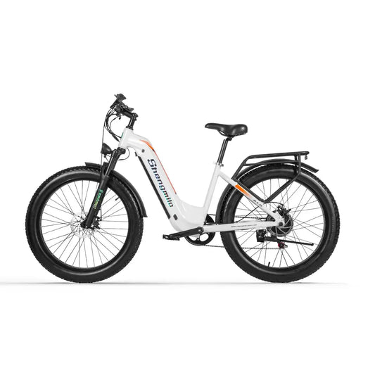 Shengmilo MX06 white fat tire electric bike with 48V battery and 1000W motor for men, ideal for city and mountain rides.