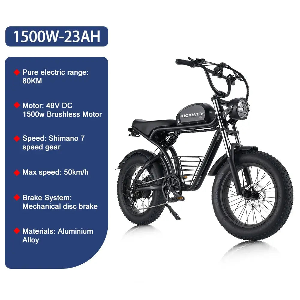 1500W Fat Tire Electric Bike, 48V motor, 50km/h max speed, Shimano 7-speed, durable aluminum alloy construction.