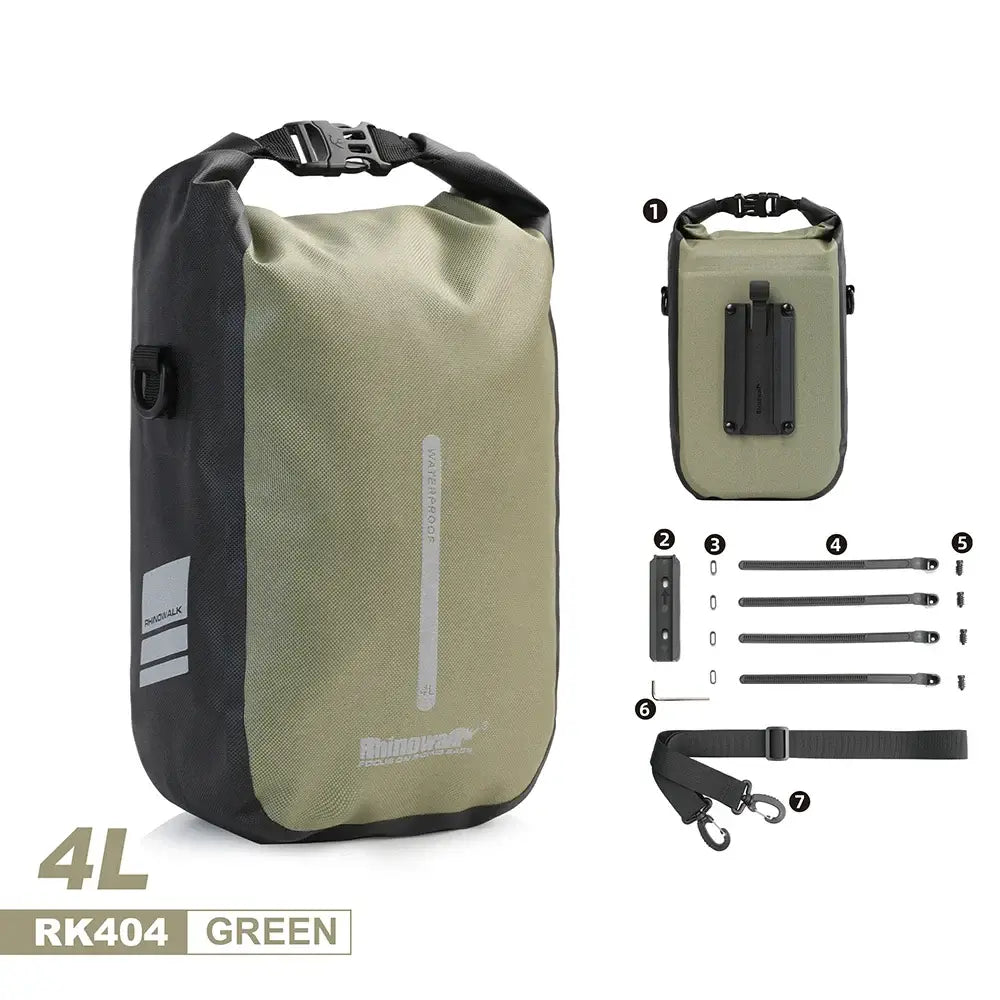 Rhinowalk 4L waterproof bike fork bag in green with quick release features and accessories laid out.