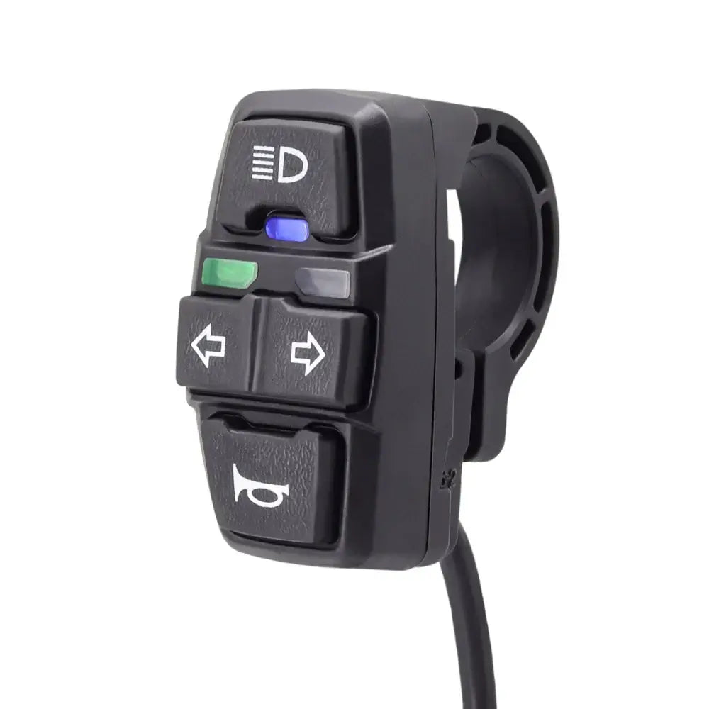 Ebike signal and light control switch with buttons for turn signals, horn, and headlights.