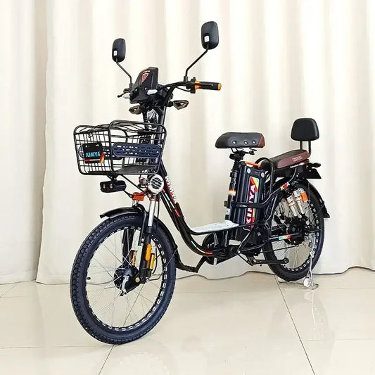 350W electric bicycle with large battery, front basket, and stylish design for urban commuting.