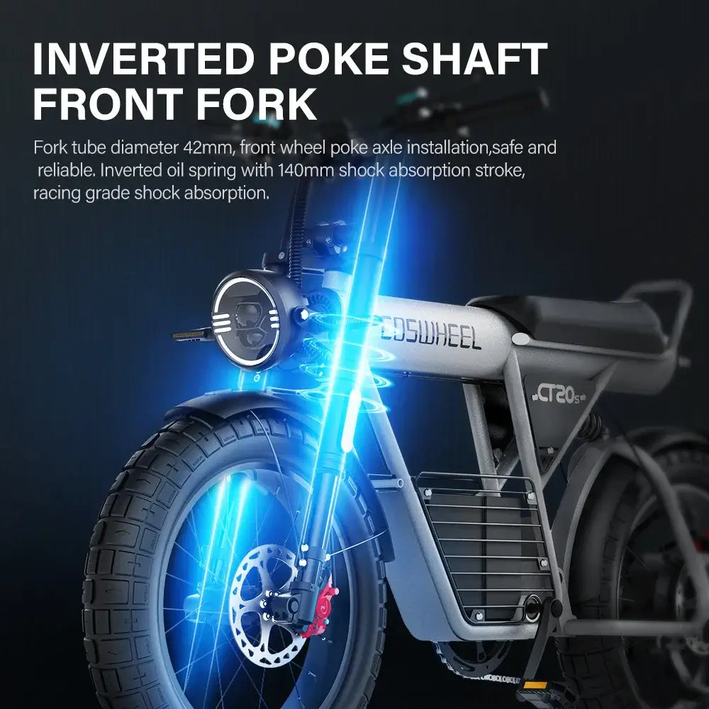 Coswheel Electric Bike CT20S 2000W with inverted poke shaft front fork for enhanced shock absorption and stability.