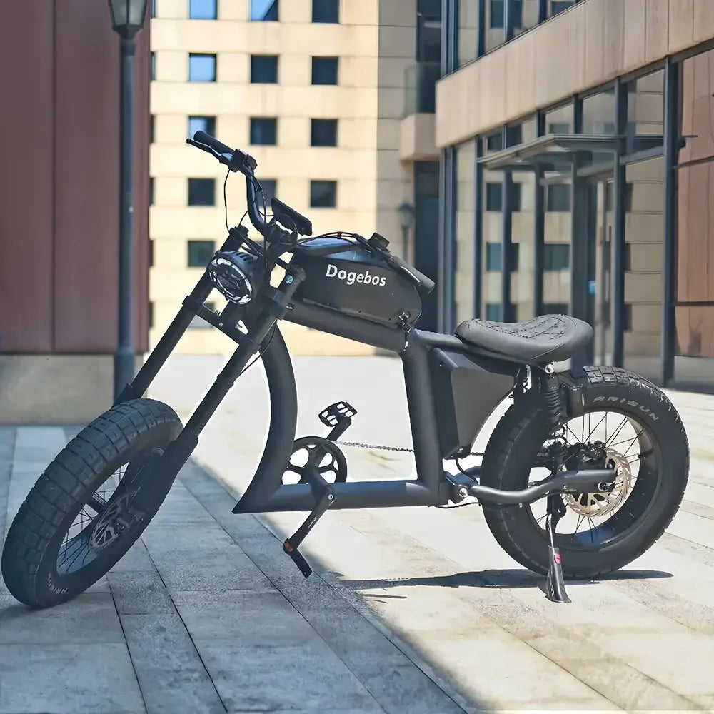 2024 Electric Bike with fat tires and Bafang motor parked in urban setting, showcasing modern design and durability.