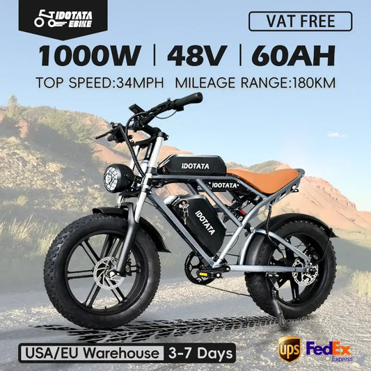 IDOTATA-S7 Electric Bike with 1000W motor, 48V, 60Ah; top speed 34MPH, mileage 180KM, ideal for snow and mountain terrains.
