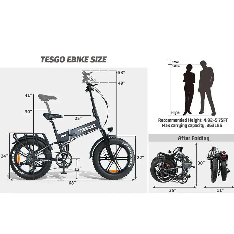 TESGO Folding Electric Bike size chart with dimensions, recommended height, and folding specifications.