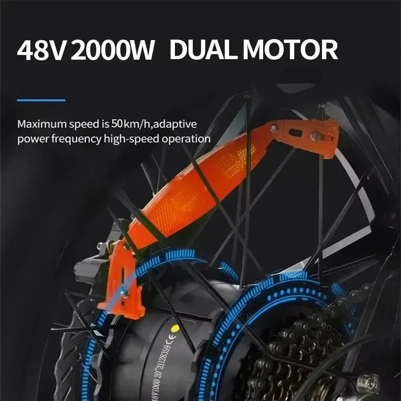 Close-up of the 2000W dual motor system on the 2000W H20 Pro Folding Electric Mountain Bike for high-speed performance.