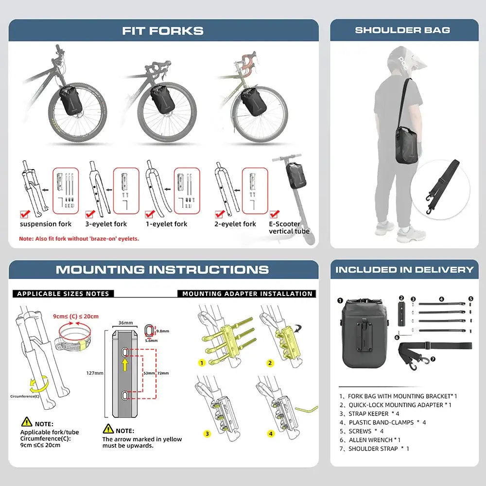 Rhinowalk waterproof bike fork bag features, fit guide, shoulder bag option, and mounting instructions.