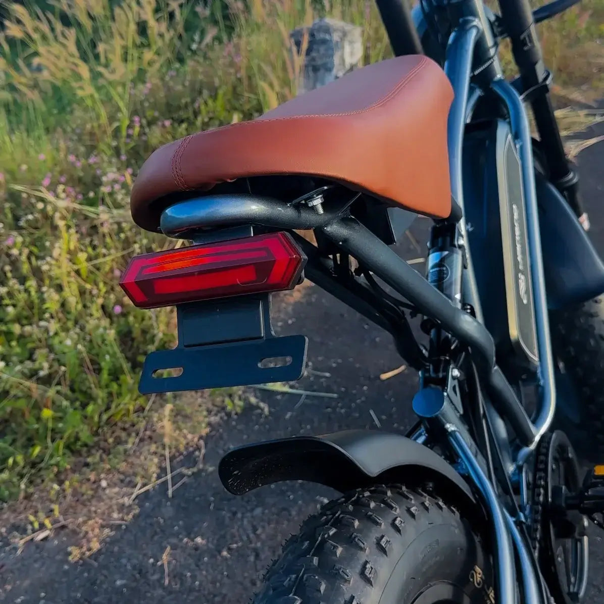 Jansno X50 Electric Bike 750W motor rear view with brown seat and red tail light on all-terrain path.