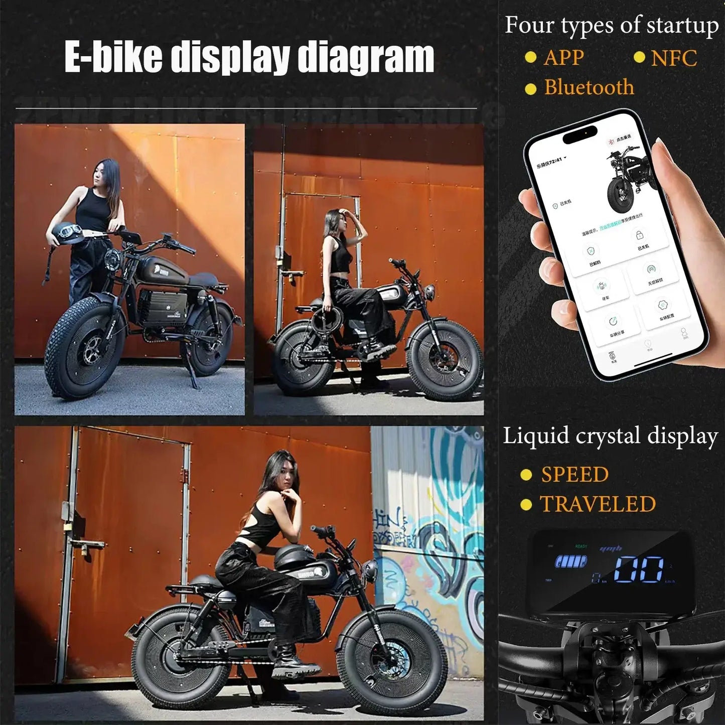 E-bike display showing startup options: APP, NFC, Bluetooth, and a liquid crystal speed display.