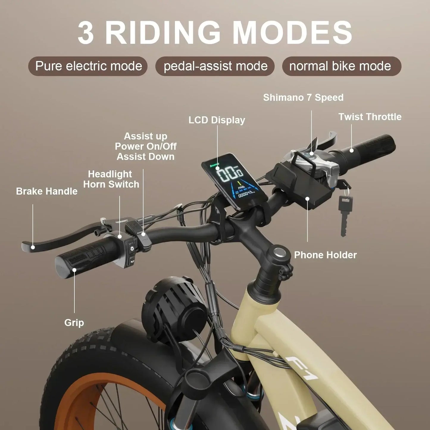 Overview of F1 Electric Bicycle handlebar with LCD display, throttle, and 3 riding modes: electric, assist, normal.