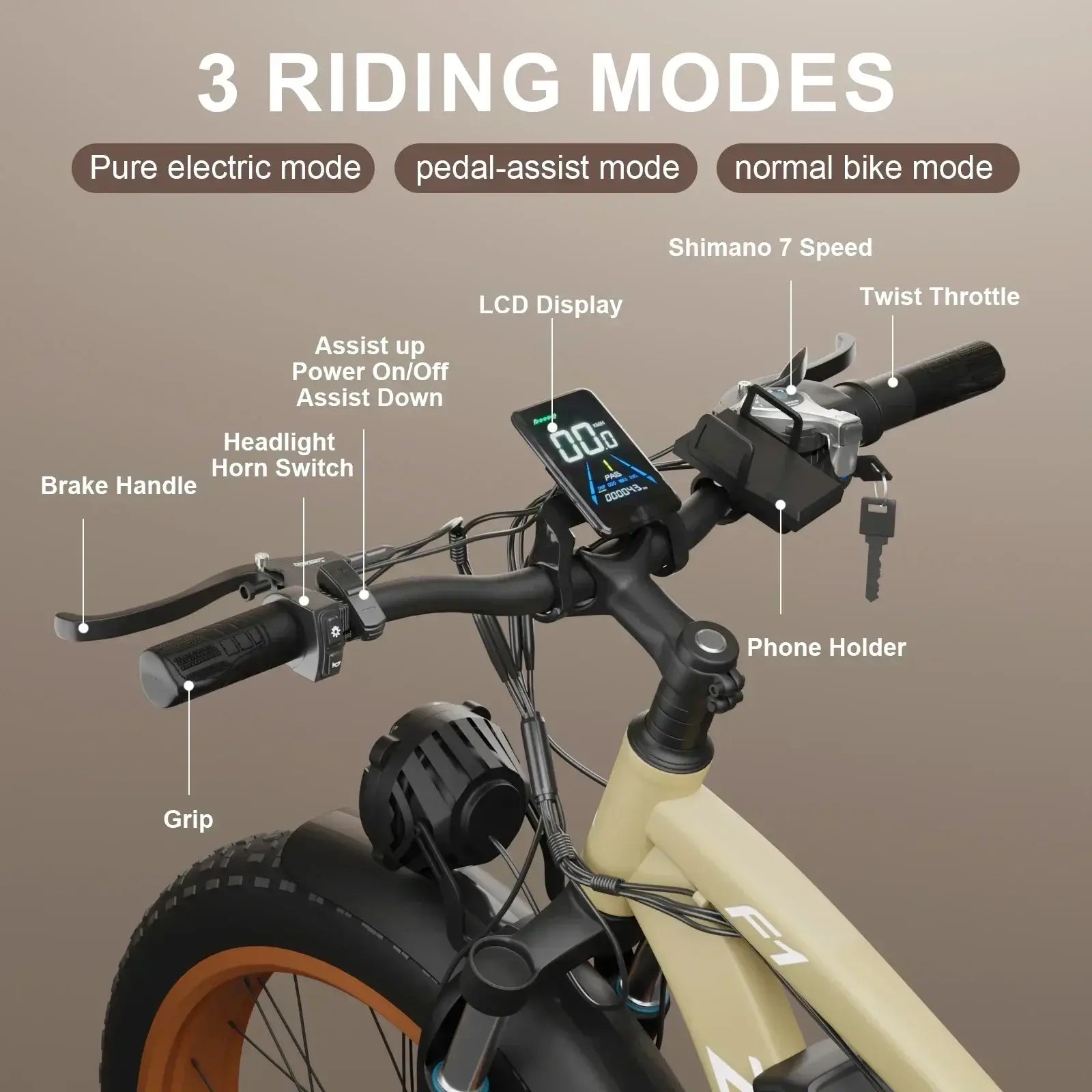 Overview of F1 Electric Bicycle handlebar with LCD display, throttle, and 3 riding modes: electric, assist, normal.