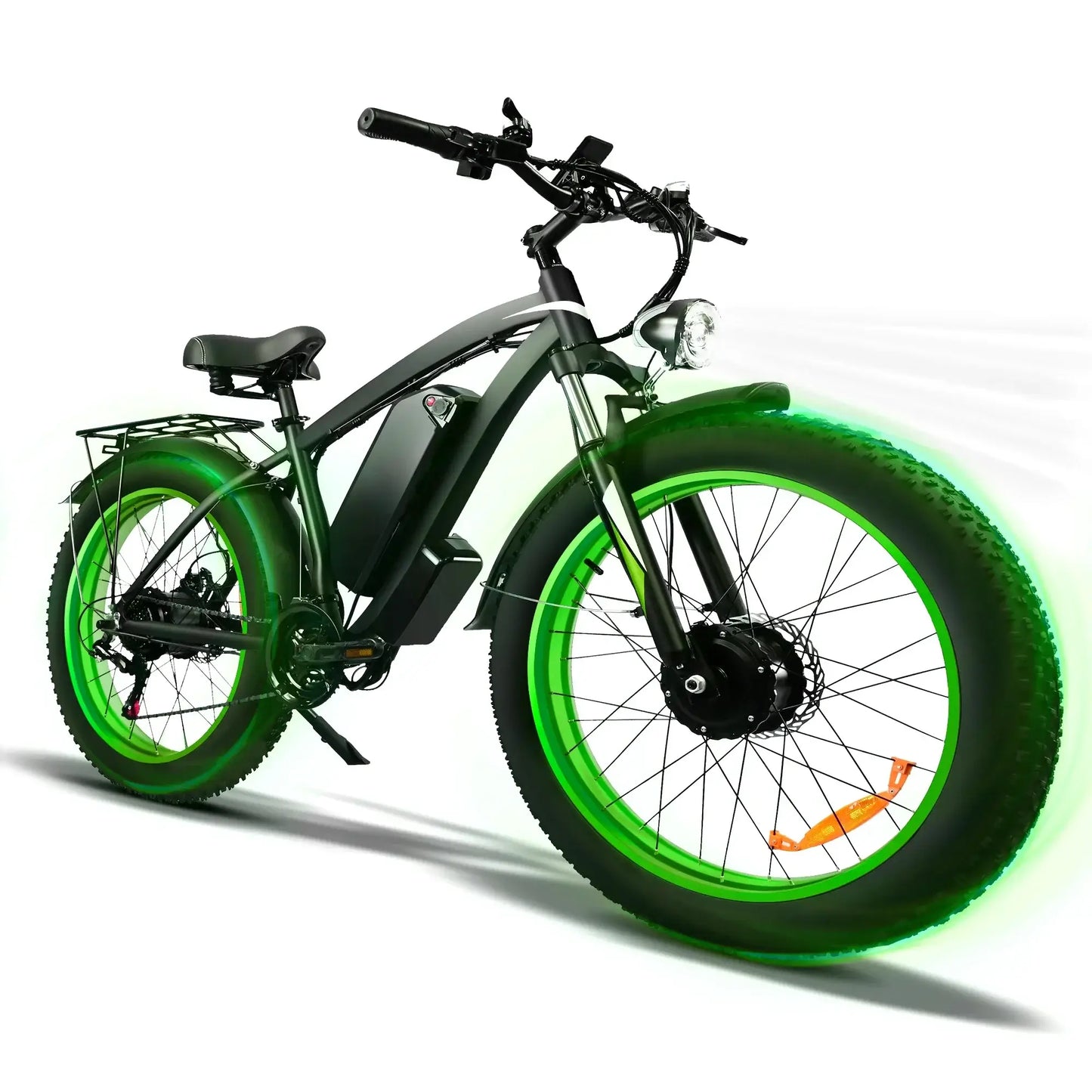 2000W Fat Tire Ebike with green illuminated wheels, ideal for urban adventures and outdoor exploration.