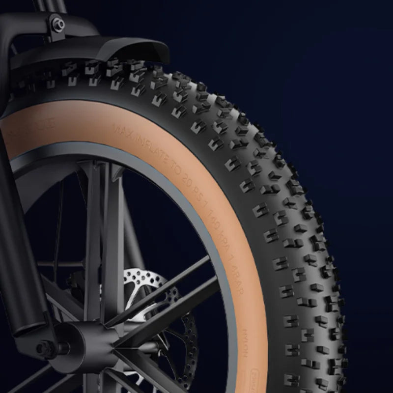 Close-up of the robust tire on the ENGWE M20 2.0: Ultimate 750W Electric Bike, featuring durable 20*4.0 fat tires.