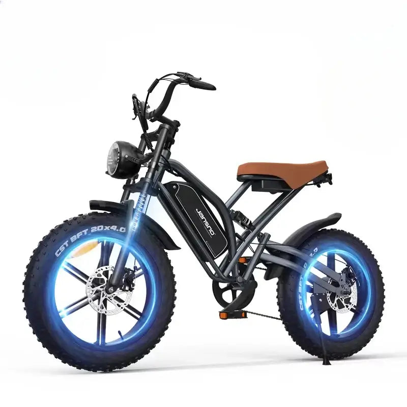Jansno X50 Electric Bike 750W motor with fat tires and blue accents for all-terrain adventures.