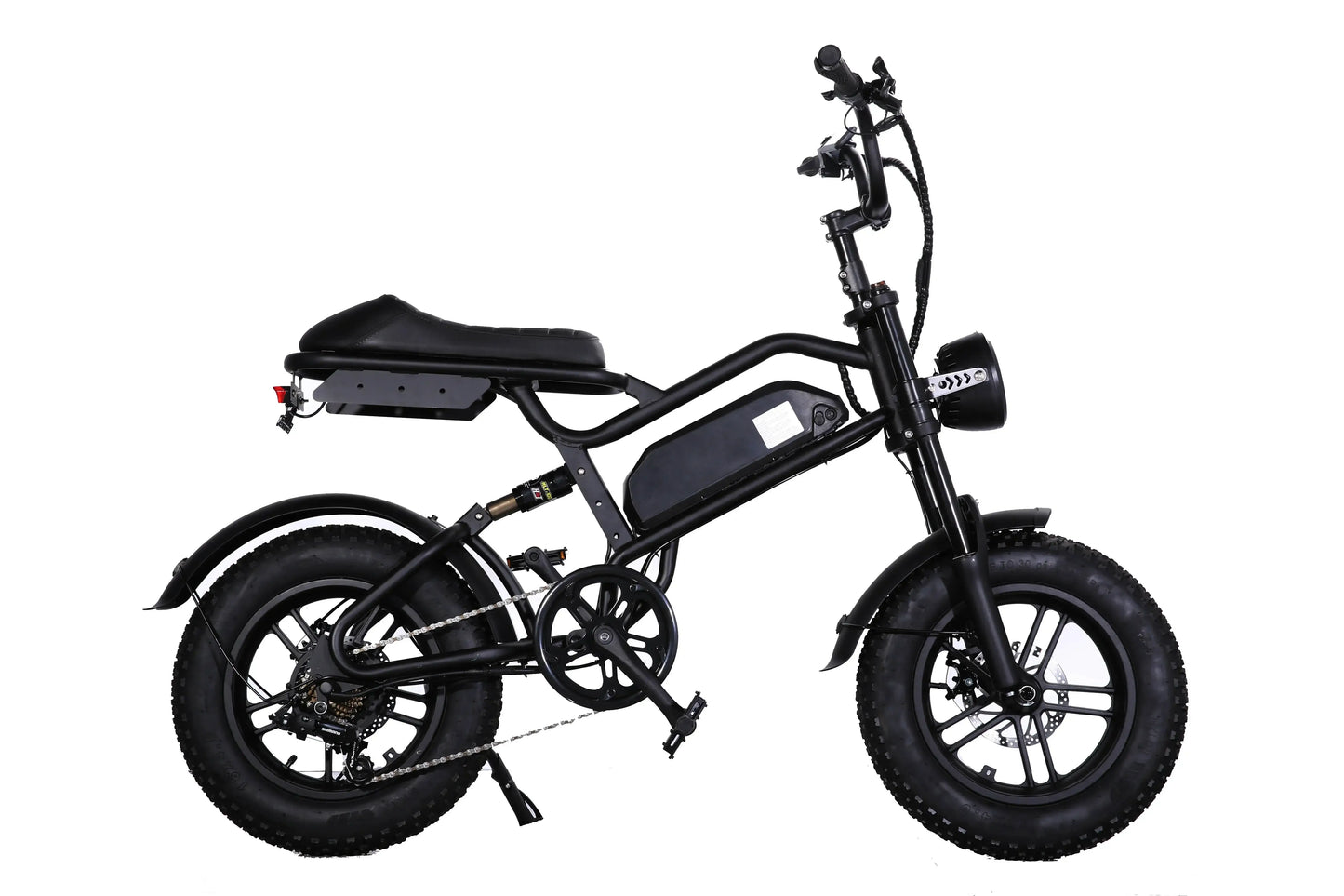 500W fat tire electric bicycle with robust 16-inch tires for off-road and city riding.