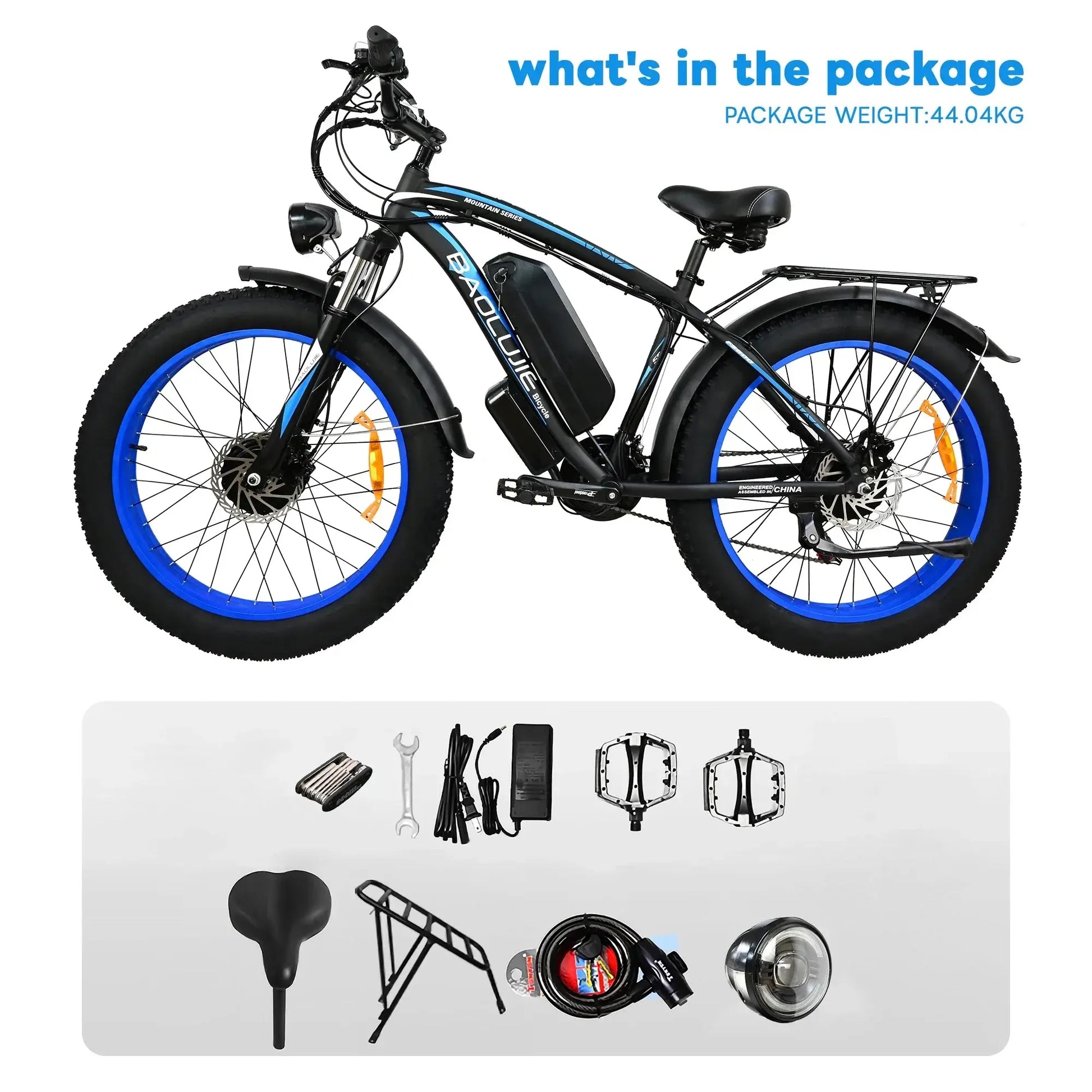 2000W fat tire electric bike with removable battery and accessories package, ideal for adventure seekers.