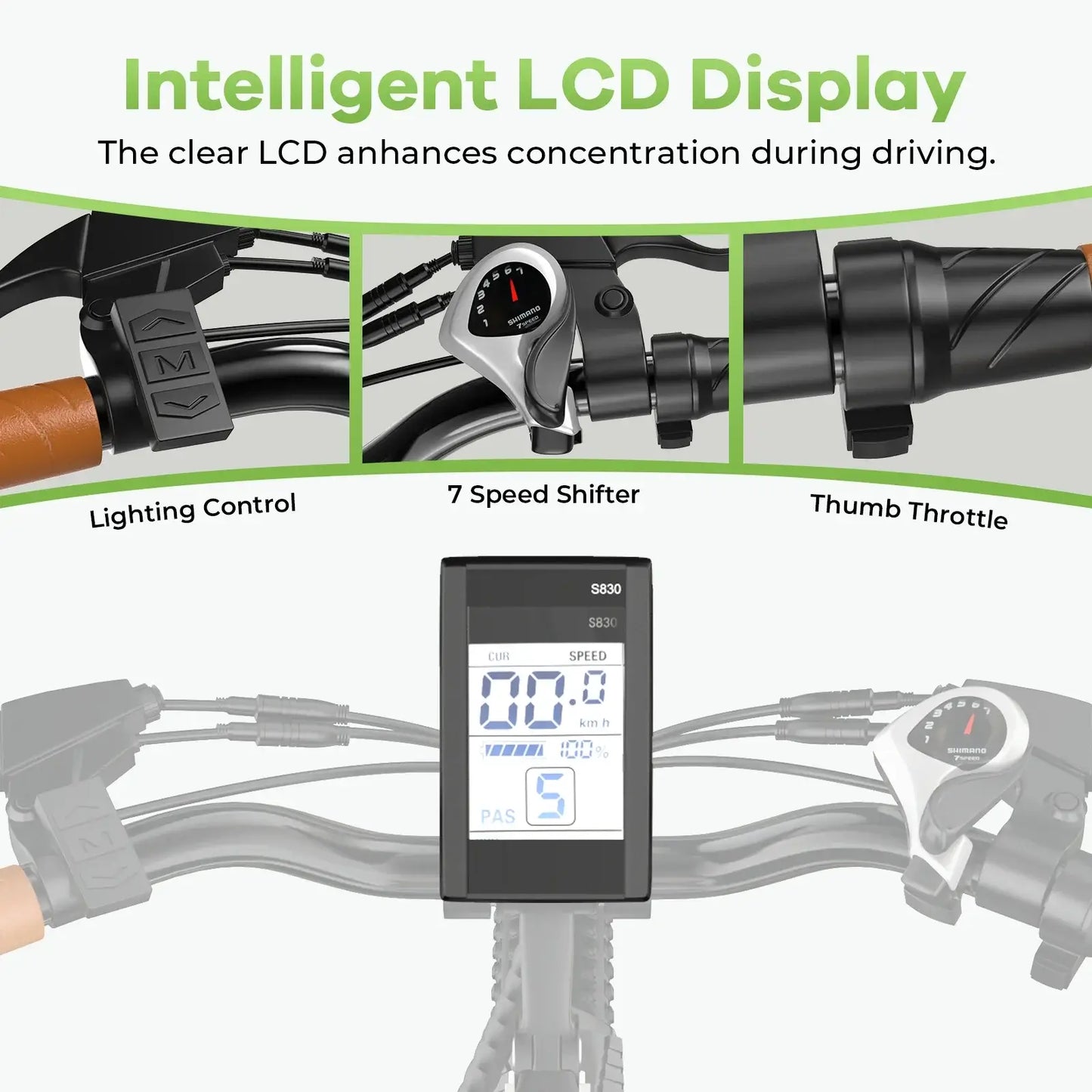 Intelligent LCD display on electric bike showing speed, lighting control, and 7-speed shifter for convenient driving.