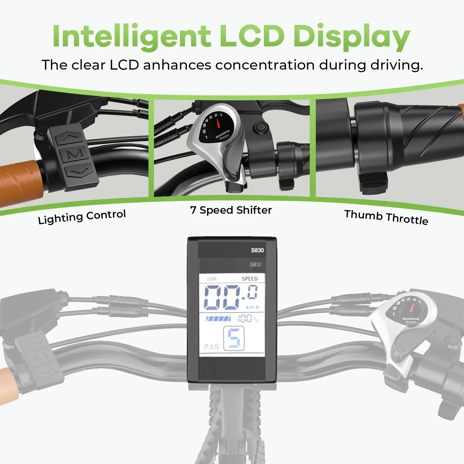 Intelligent LCD display on electric bike showing speed, lighting control, and 7-speed shifter for convenient driving.