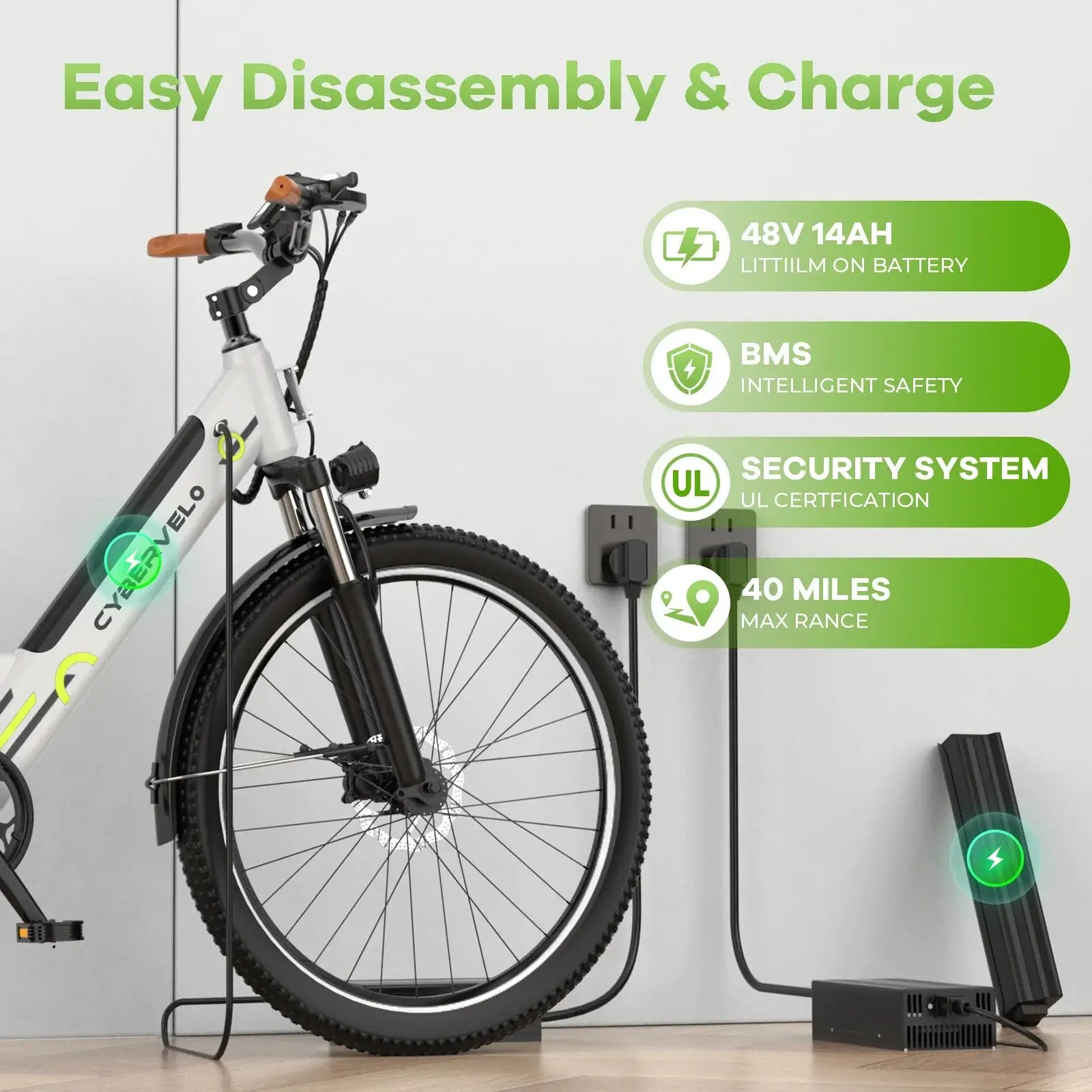 Electric bike with removable battery, displaying charging process and specifications for easy disassembly and safety.