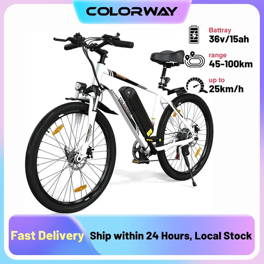 COLORWAY 26" electric mountain bike with 36V 15Ah battery, designed for commuting and adventure.