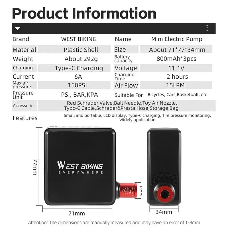Product information for WEST BIKING Mini Electric Pump, detailing size, weight, pressure, and charging features.