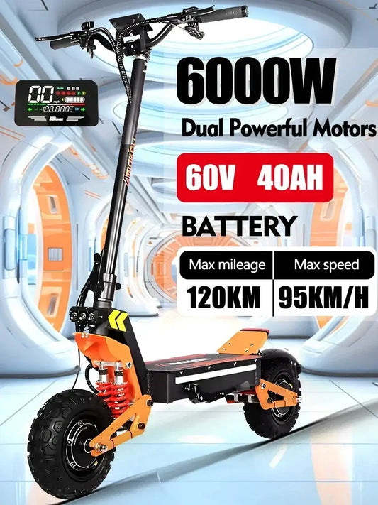 New X5 electric scooter with 6000W dual motors, max speed 95KM/H, range 120KM, foldable design and powerful battery.